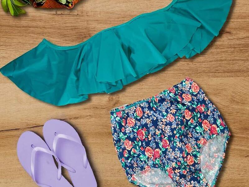 Traje de baño de dos piezas combinación azul 